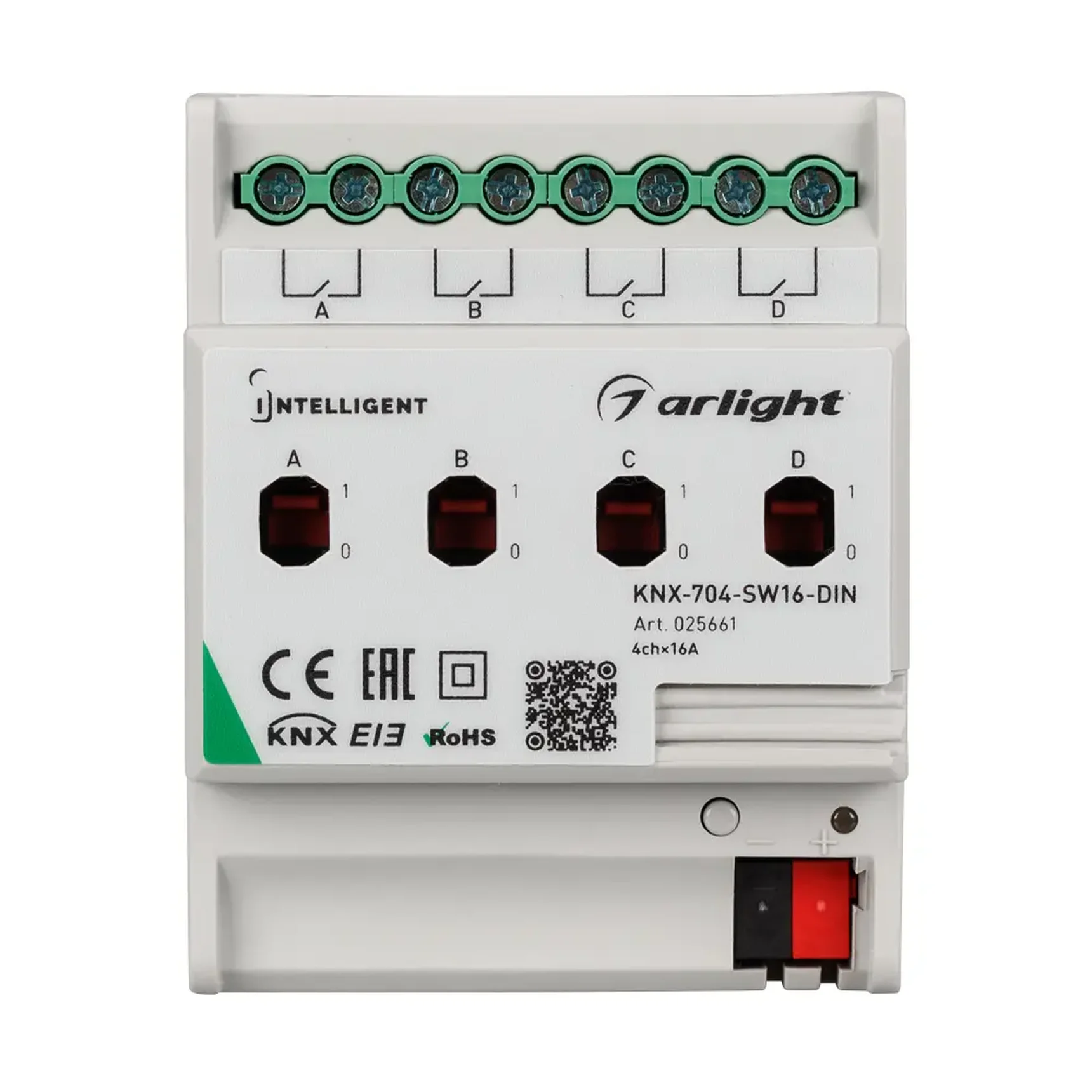 INTELLIGENT ARLIGHT Релейный модуль KNX-704-SW16-DIN (BUS, 4x16A) (Arlight, IP20 Пластик, 2 года)