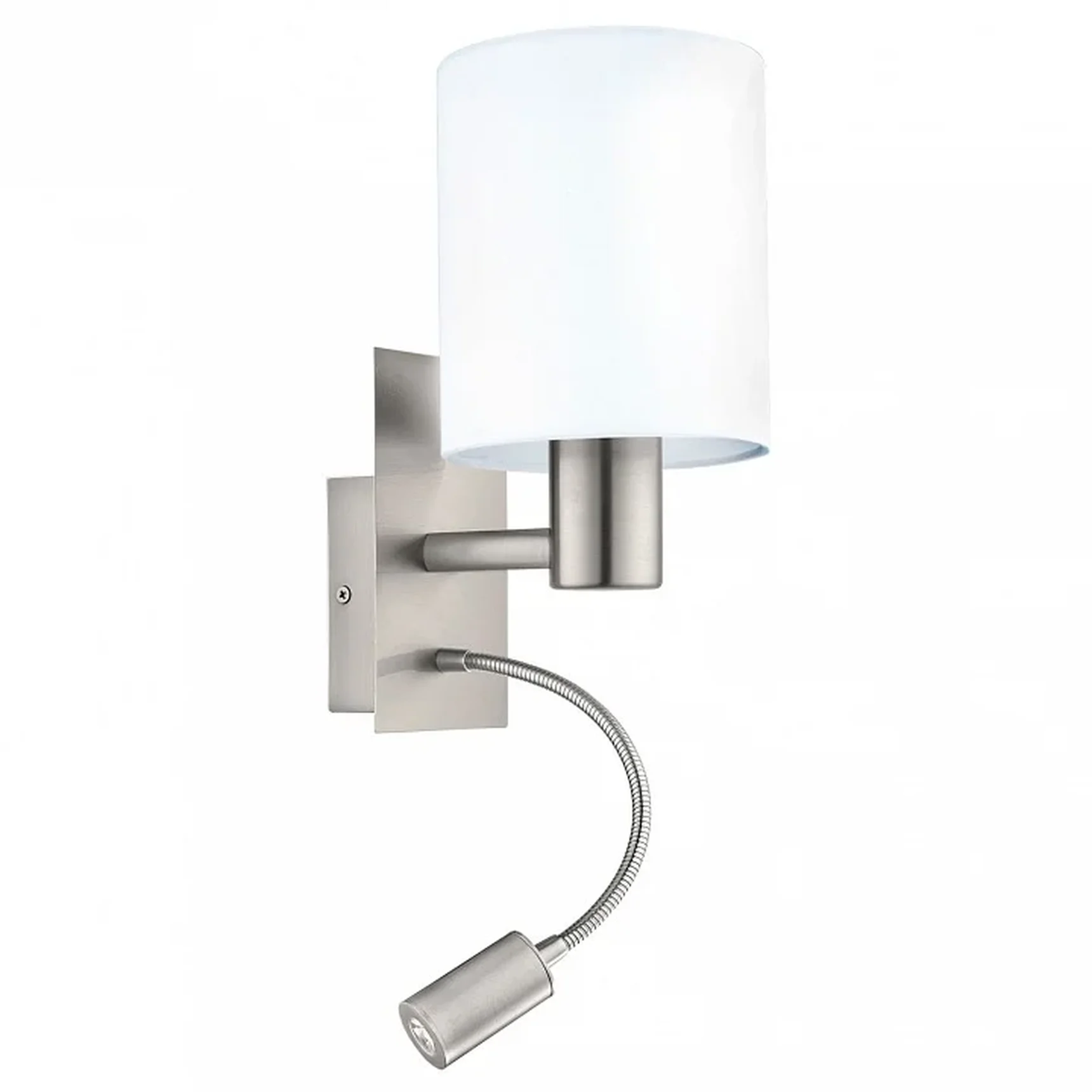 Бра PASTERI cо светод. подсветкой для чтения, 1х40W (E27), 1х3,5W (LED), L150, H380, A195, сталь, никель мат./текстиль, белый