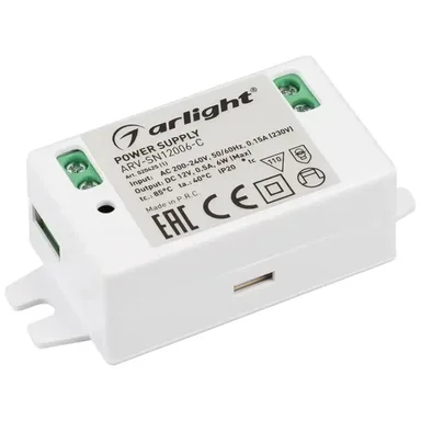 Блок питания ARV-SN12006-C (12V, 0.5A, 6W) (Arlight, IP20 Пластик, 3 года)