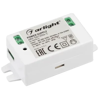 Блок питания ARV-SN12006-C (12V, 0.5A, 6W) (Arlight, IP20 Пластик, 3 года)
