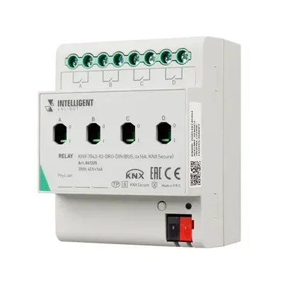 INTELLIGENT ARLIGHT Релейный модуль KNX-7043-82-DRO-DIN (BUS, 4x16А, KNX Secure) (IARL, IP20 Пластик, 2 года)