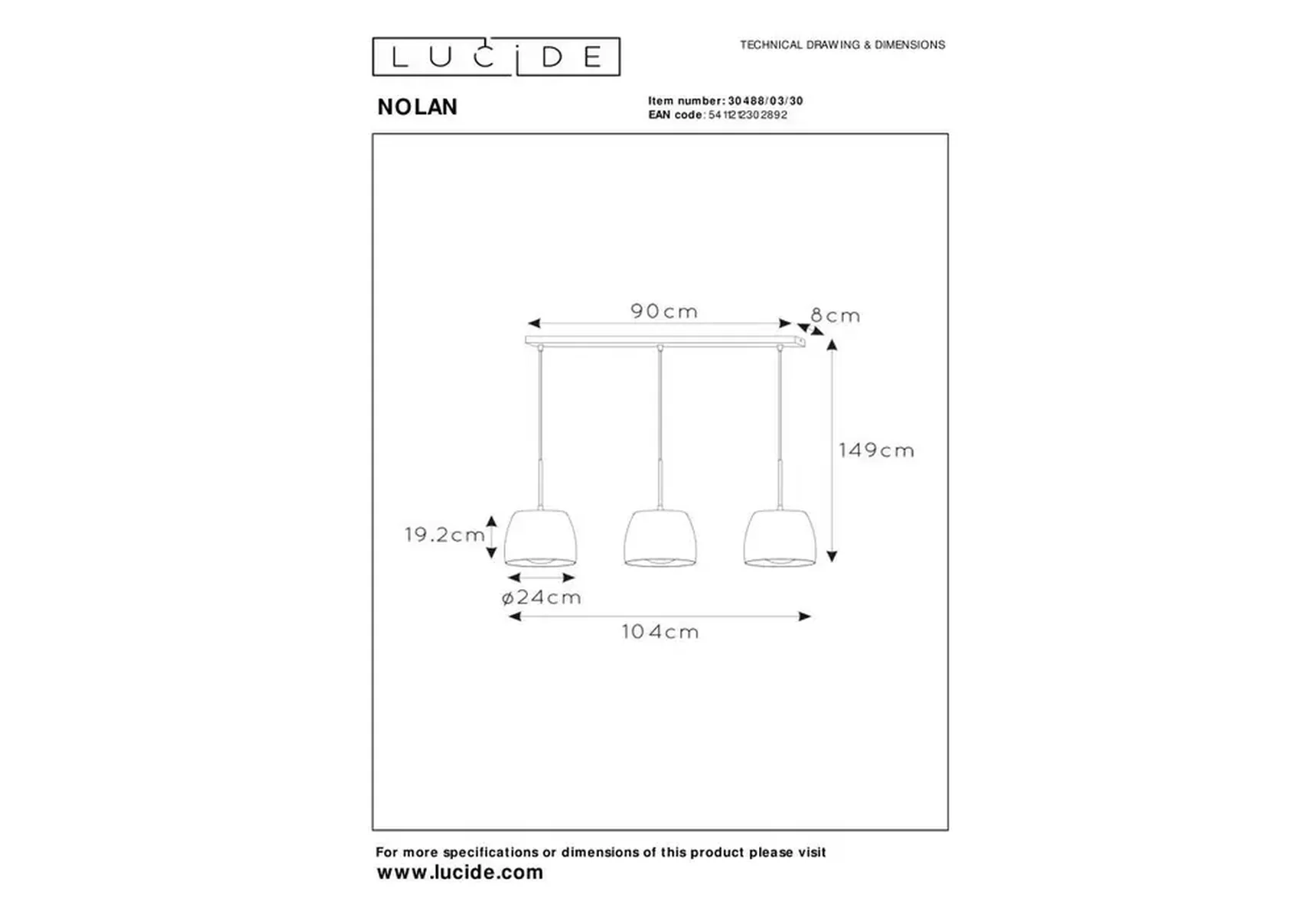 Подвесной светильник Lucide Nolan 30488/03/30