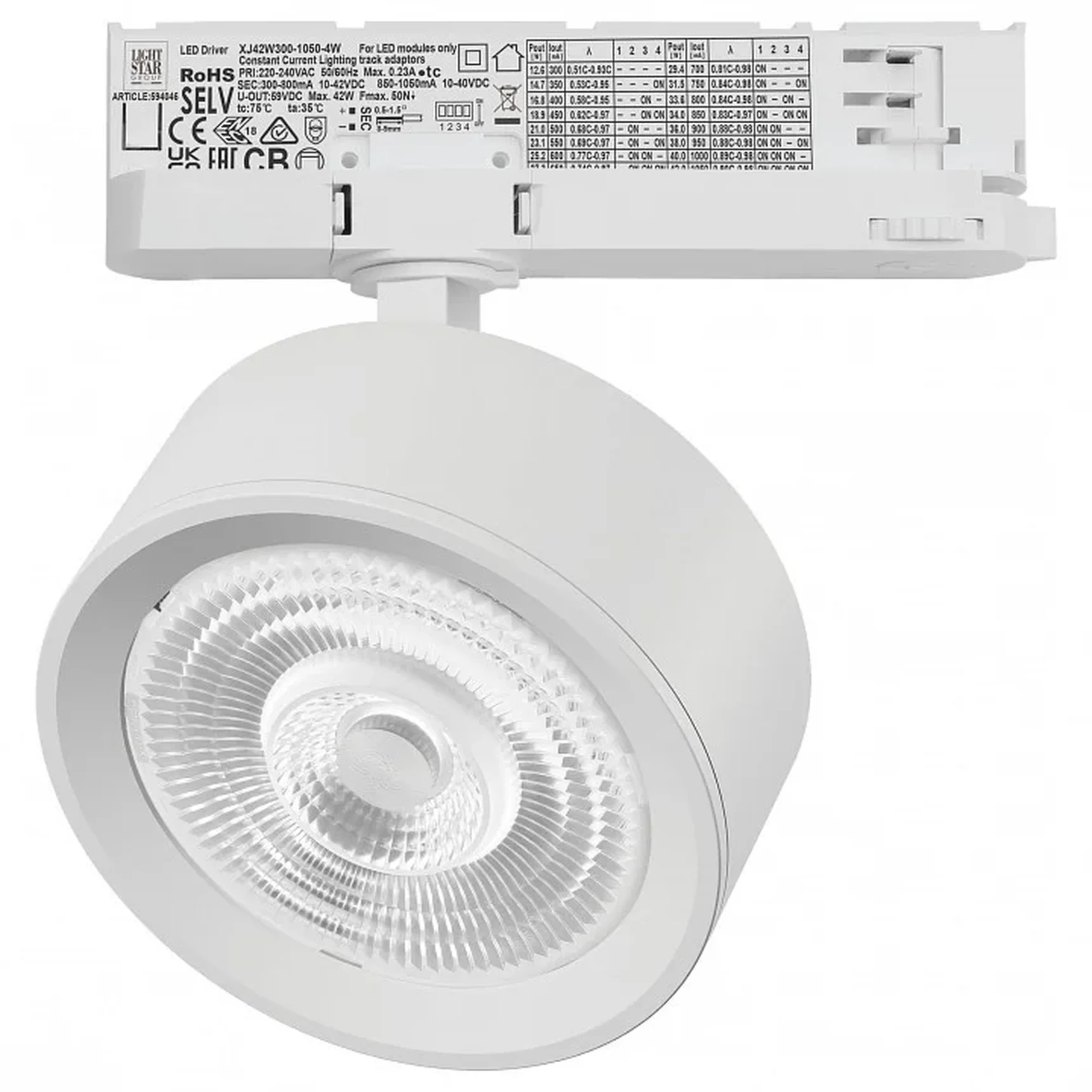 A5636QT60G Светильник ALTA PRO для трековой системы Quattro LED 30W 3510LM 60G БЕЛЫЙ 3000K с адаптером (215636 + 594046 + 215604)