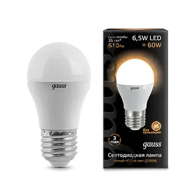Лампа Gauss Шар 6.5W 520lm 3000K E27 LED 1/10/101