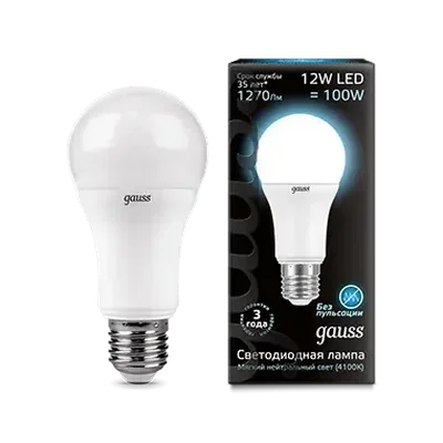 Лампа Gauss A60 12W 1200lm 4100K E27 LED 1/10/51