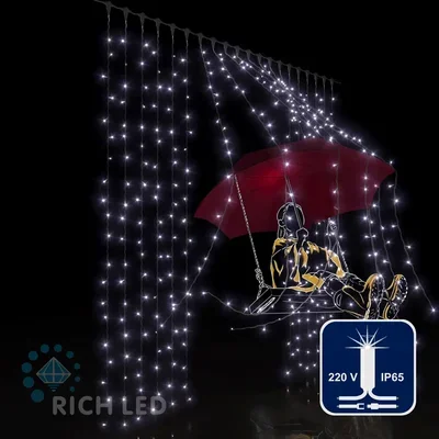 Светодиодный занавес (дождь) Rich LED 2*2 м, влагозащитный колпачок, мерцающий, белый, белый провод, RL-C2*2F-CW/W
