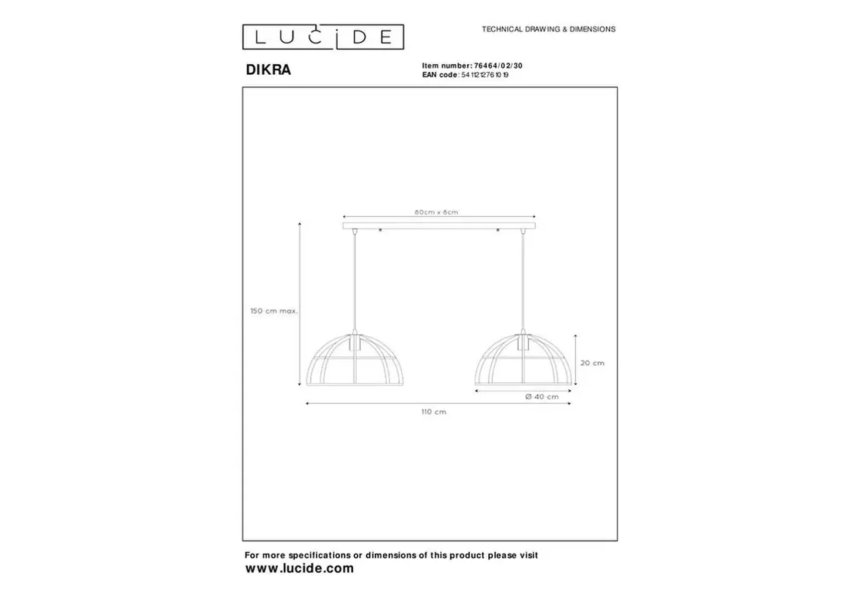 Подвесной светильник Lucide Dikra 76464/02/30