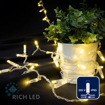 Светодиодная гирлянда Rich LED 7 м, 72 LED, 220 В, не соединяемая, влагозащитный колпачок, тепло белая, прозрачный провод, RL-S7N-72L-220V-CT/WW
