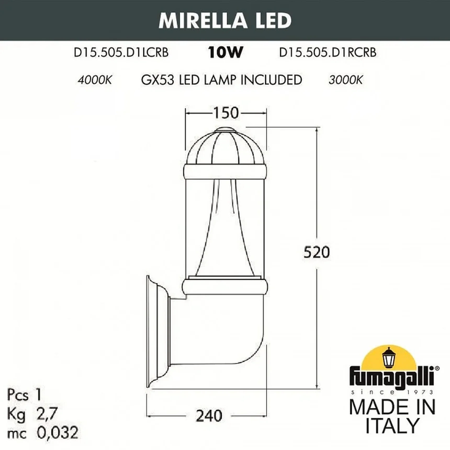 Светильник уличный настенный FUMAGALLI MIRELLA D15.505.000.LXD1L.CRB Серый