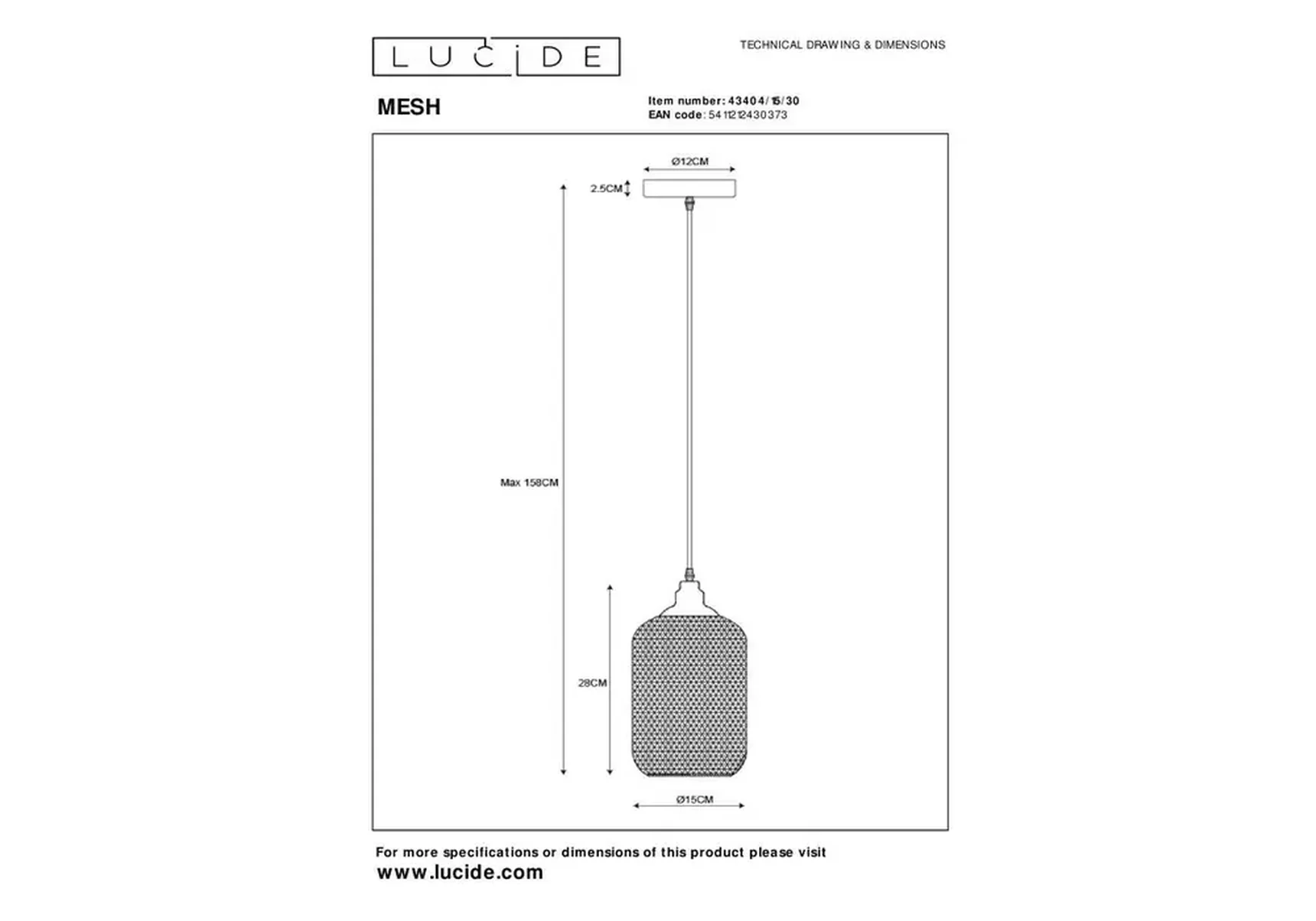 Подвесной светильник Lucide Mesh 43404/15/30