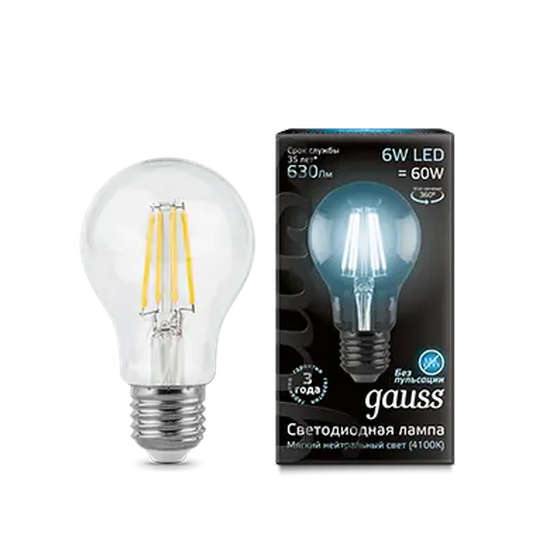 Gauss LED Filament A60 E27 6W 4100К 1/10/51