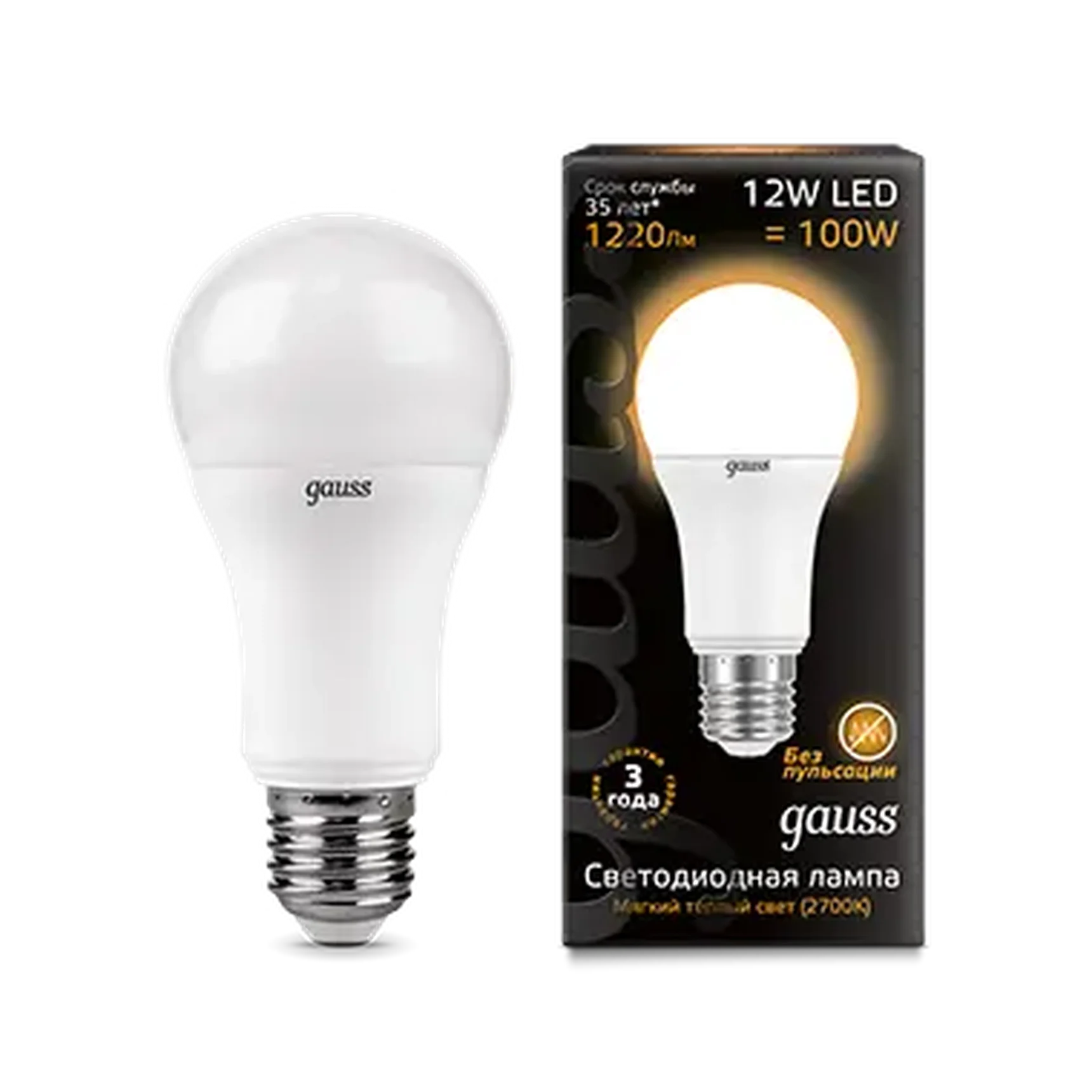Лампа Gauss A60 12W 1150lm 3000K E27 LED 1/10/51