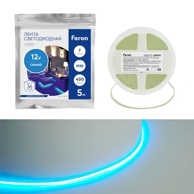 Светодиодная COB лента Feron LS630, 400SMD(2110)/ 7Вт/м 12V 5000*3*1.8мм синий, IP20, 48953