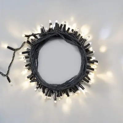 Гирлянда Нить 10м Тепло-Белая с Мерцанием Белого Диода 24В, 100 LED, Провод Черный Каучук 2,3мм, IP65