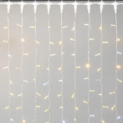 Гирлянда Занавес с Колпачком 2х3 м Тепло-Белый с Мерцанием Белого Диода 220В, 600 LED, Провод Прозрачный ПВХ, IP65