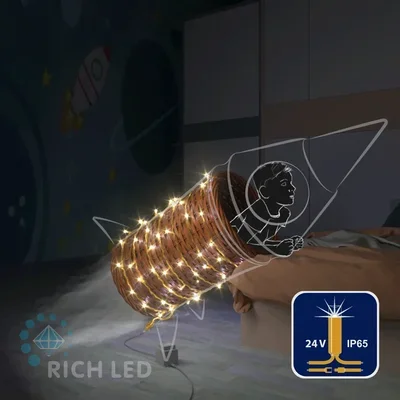 Светодиодная гирлянда Rich LED 10 м, 100 LED, 24В, соединяемая, влагозащитный колпачок, теплая белая, мерцающая, золотой провод, RL-S10CF-24V-CGd/WW