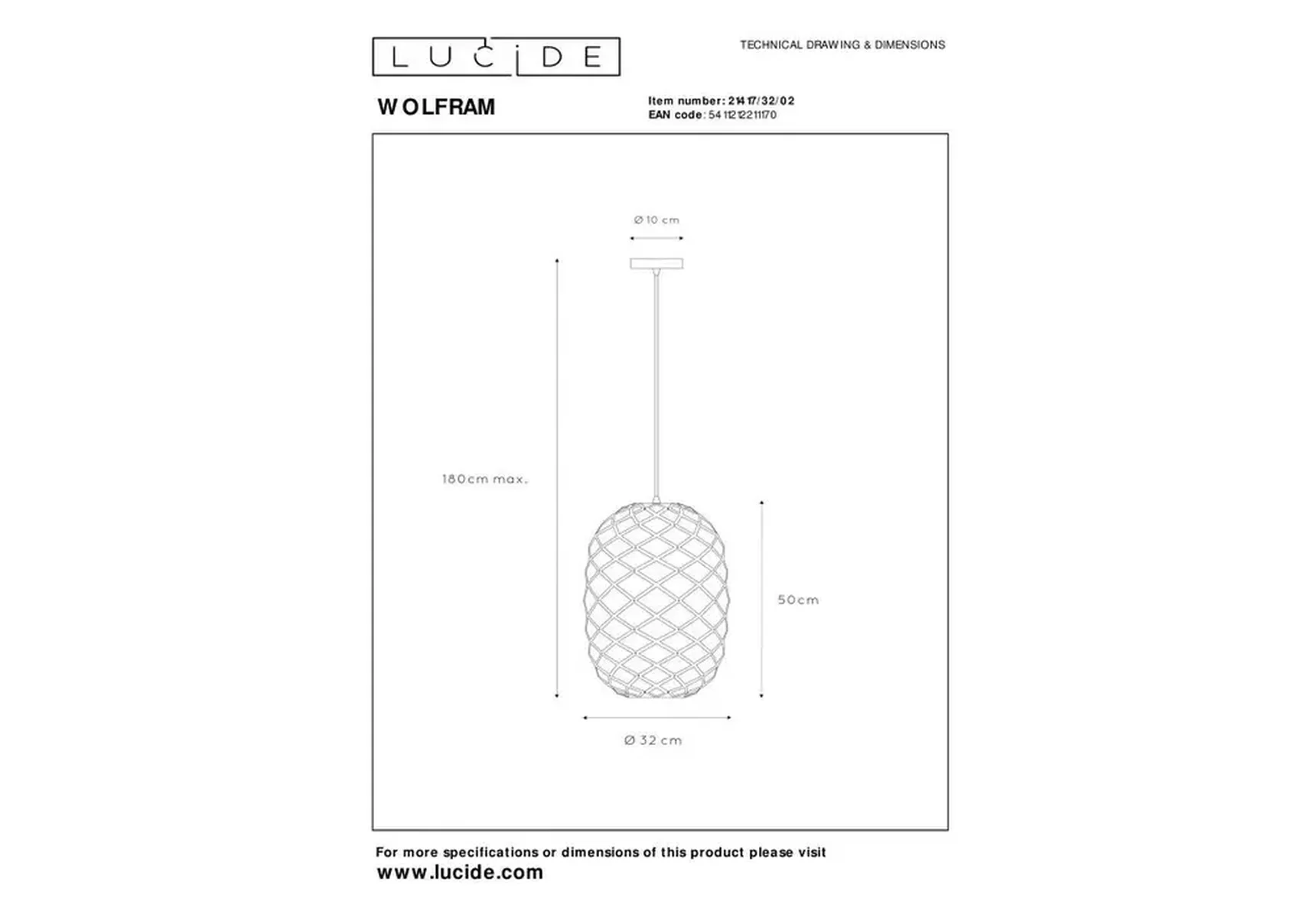 Подвесной светильник Lucide Wolfram 21417/32/02