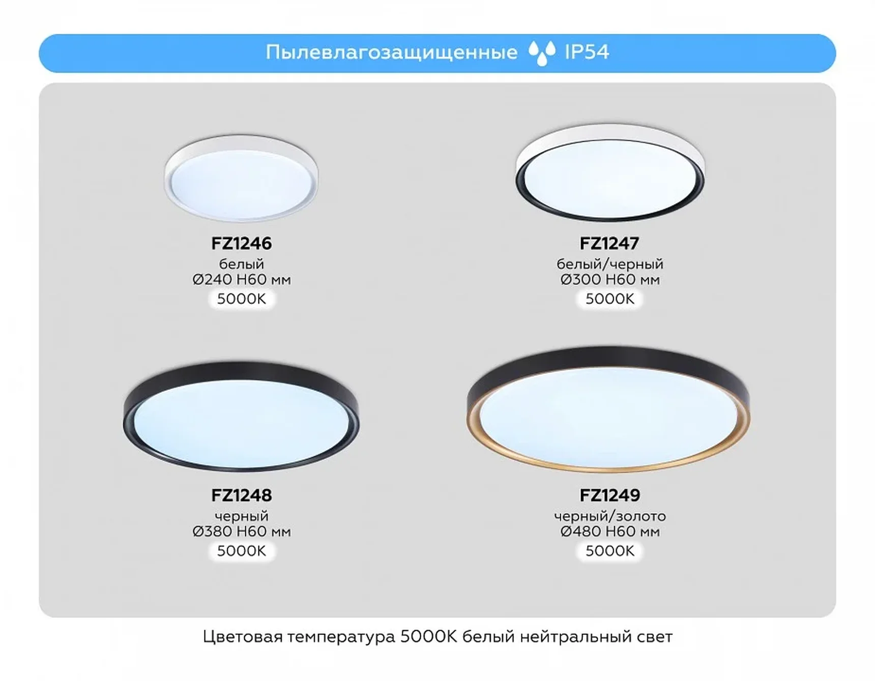 Потолочный светодиодный светильник с высокой степенью защиты IP54 FZ1248 BK черный IP54 30W 5000K D380*60 (Без ПДУ)