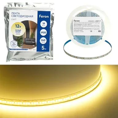 Светодиодная LED лента Feron LS617, 240SMD(2835)/м 19Вт/м 12V 5000*10*1.22мм 3000К, IP20, 48826