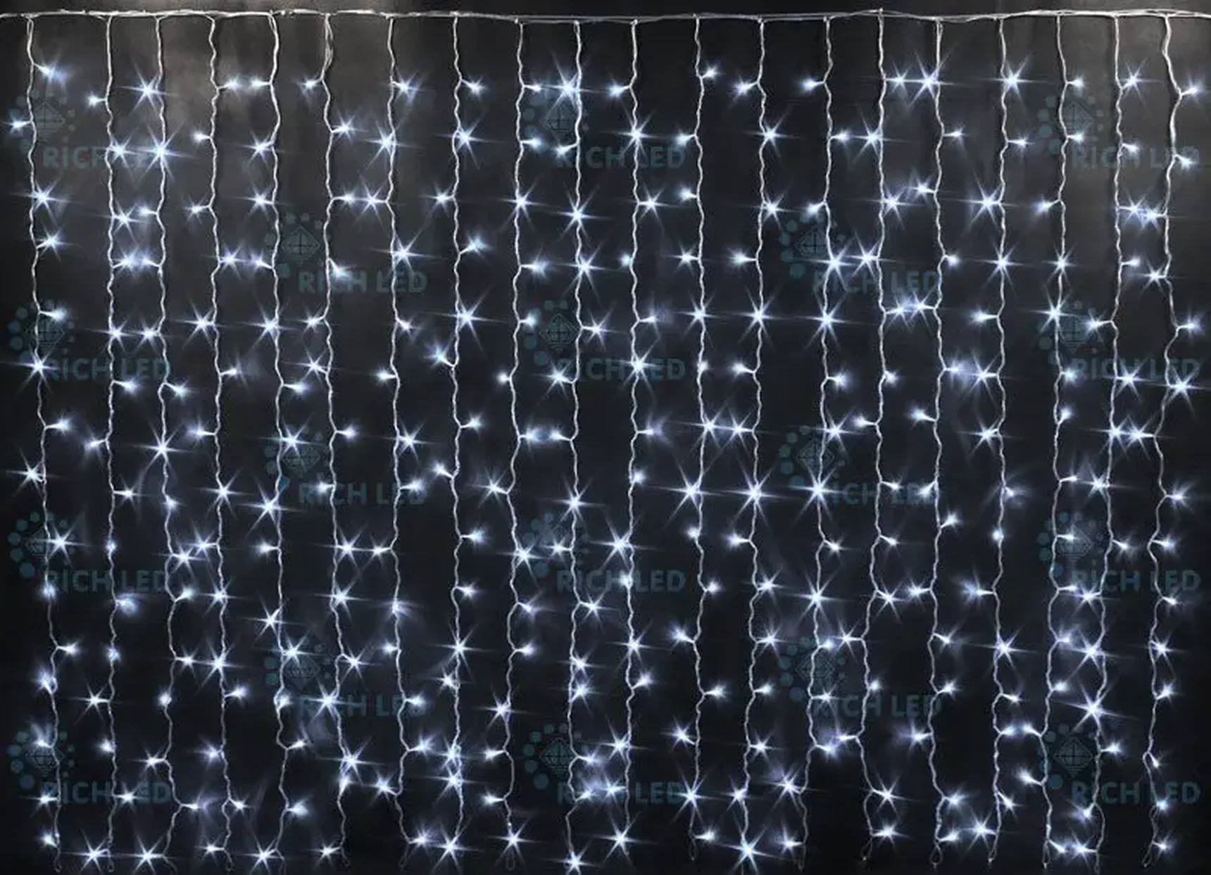 Светодиодная занавеса 300 LED, 16 Ватт, IP54, для улицы и помещения, провод Прозрачный, Свечение: постоянное, RL-CS2*1.5-T/W