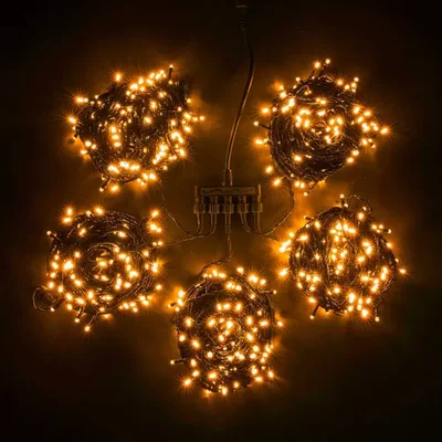 Комплект 5 Желтых Нитей по 20м с Мерцанием Белого Диода, 1000 LED, Провод Черный ПВХ, IP54