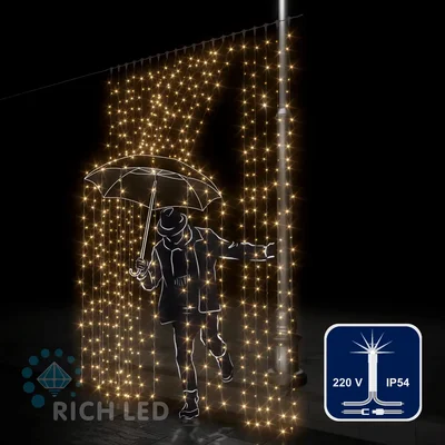 Светодиодная занавеса 600 LED, 52 Ватт, IP54, для улицы и помещения, провод Прозрачный, Свечение: мерцание, RL-C2*3F-T/WW