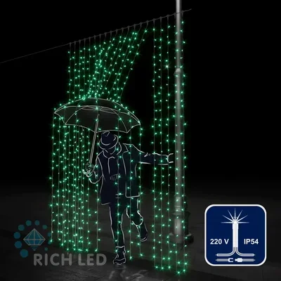 Светодиодный занавес (дождь) Rich LED 2*3 м, зеленый, мерцающий, прозрачный провод, RL-C2*3F-T/G