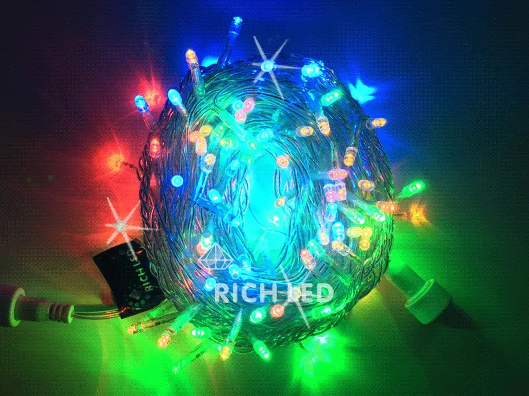 Светодиодная гирлянда Rich LED 10 м, 100 LED, 24 В, соединяемая, мульти, мерцающая, прозрачный провод RL-S10CF-24V-T/M