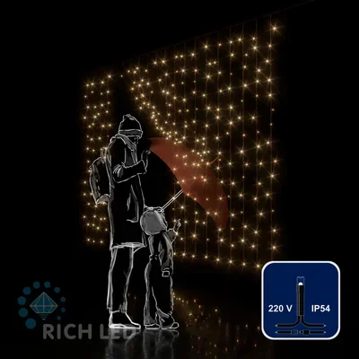 Светодиодная занавеса 300 LED, 16 Ватт, IP54, для улицы и помещения, провод черный, Свечение: постоянное, RL-CS2*1.5-B/WW