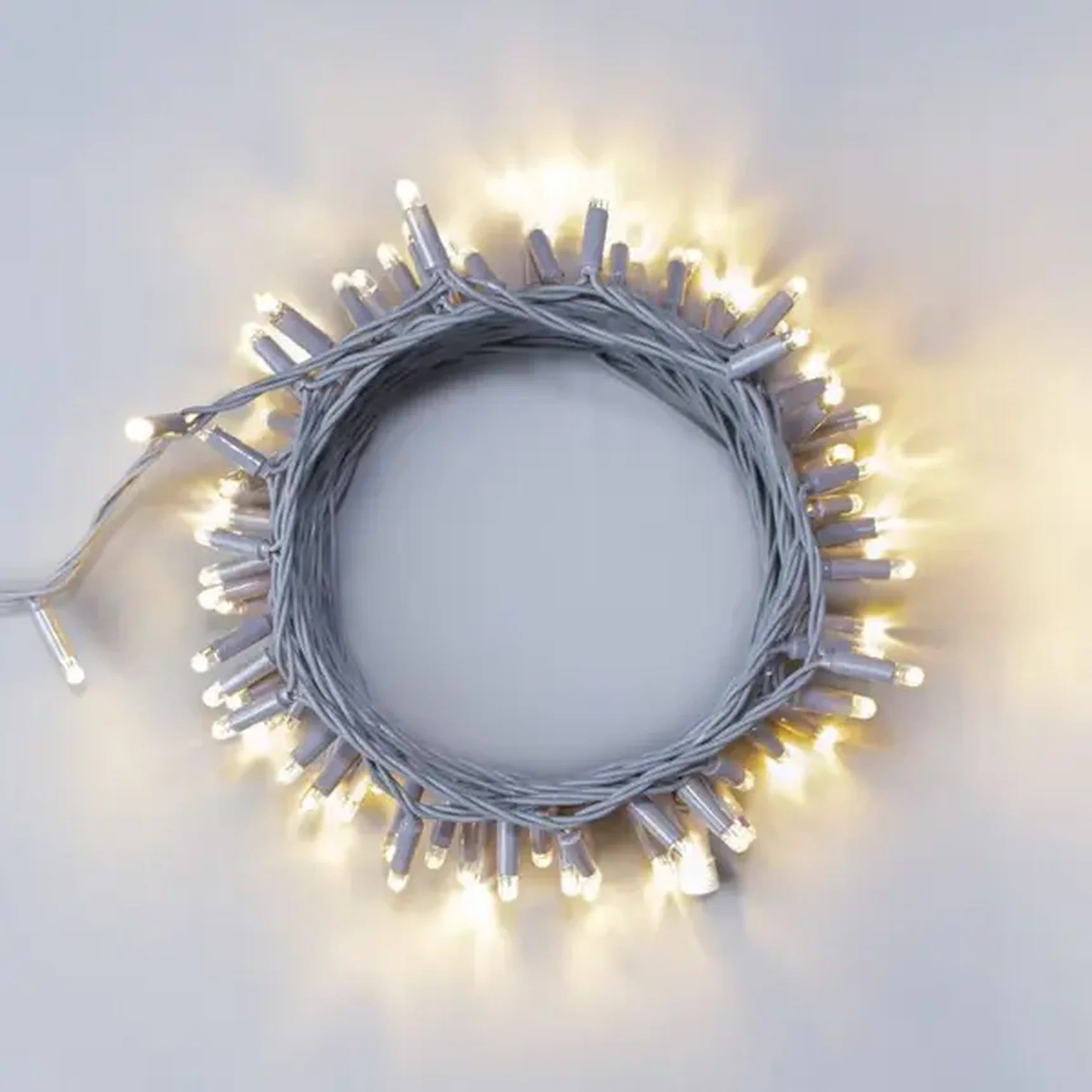 Гирлянда Нить 10м Тепло-Белая 24В, 100 LED, Провод Серый Каучук 2,3мм, IP65