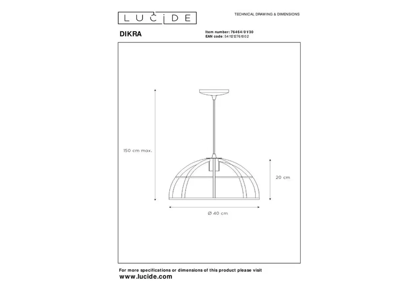 Подвесной светильник Lucide Dikra 76464/01/30