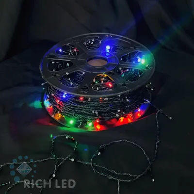 Светодиодная гирлянда Rich LED 100 м в бобине, 500 LED, 24 В, мульти, полный флэш, IP 54, черн/зел провод, резка 5 LED