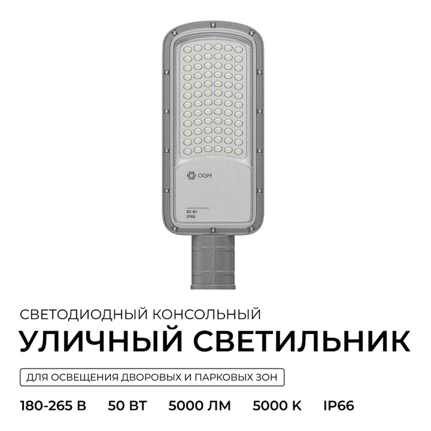 O29-01 Светильник светодиодный, уличный, консольный 50Вт, 180-265/50Гц, 5000лм, 5000К, IP66, КСС Ш, D60мм, серый