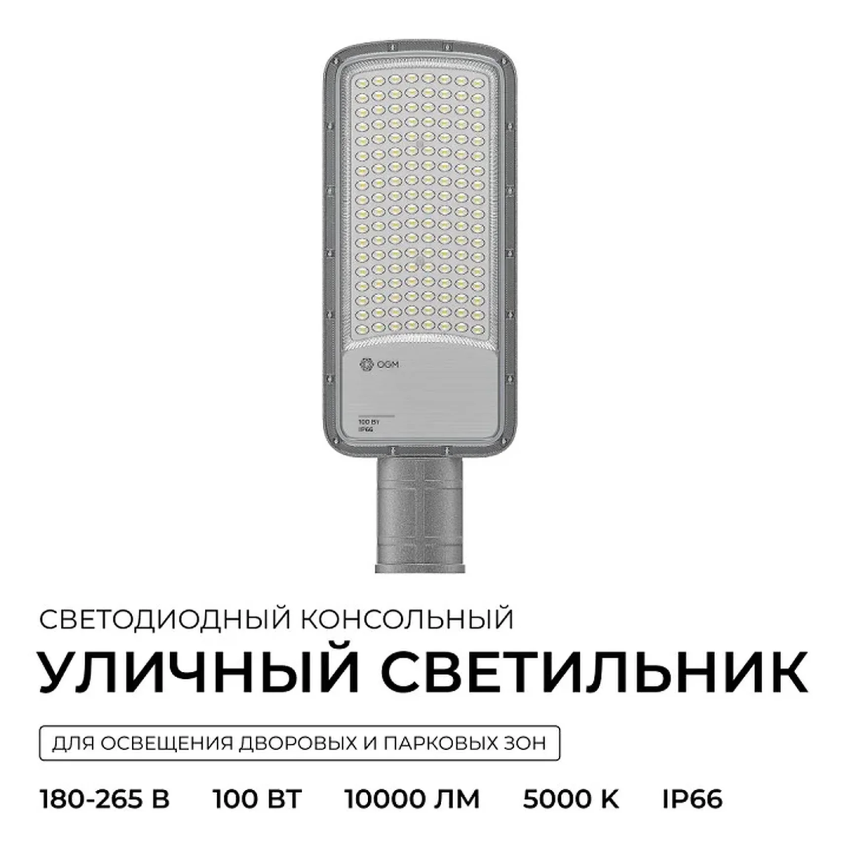 O29-02 Светильник светодиодный, уличный, консольный 100Вт, 180-265/50Гц, 10000лм, 5000К, IP66, КСС Ш, D60мм, серый