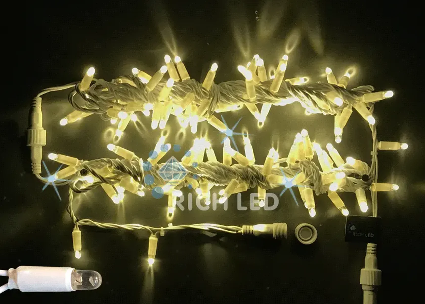 Светодиодная гирлянда 100 LED, IP65, для улицы, провод белый, Свечение: мерцание, RL-S10CF-220V-CW/WW