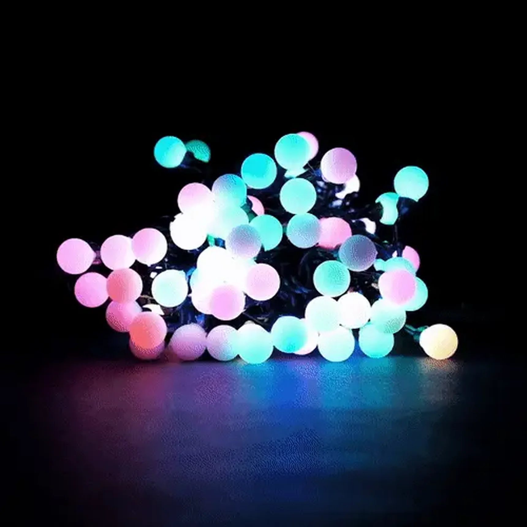 Гирлянда «Шарики» 10м Разноцветная с Мерцанием 7В, Диаметр Шарика 13мм, 100 LED, Провод Черный Каучук, IP54