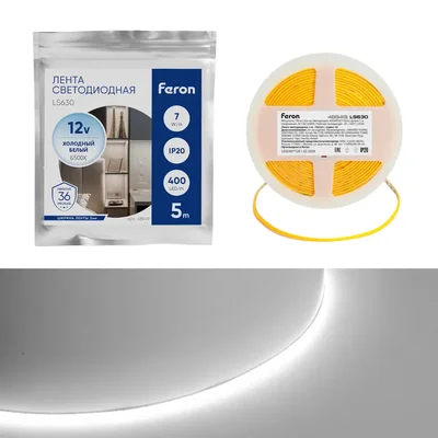 Светодиодная COB лента Feron LS630, 400SMD(2110)/ 7Вт/м 12V 5000*3*1.8мм 6500K, IP20, 48949