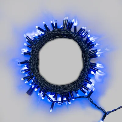 Гирлянда Нить с Колпачком 10м Синяя с Мерцанием Белого Диода 220В, 100 LED, Провод Черный ПВХ, IP65