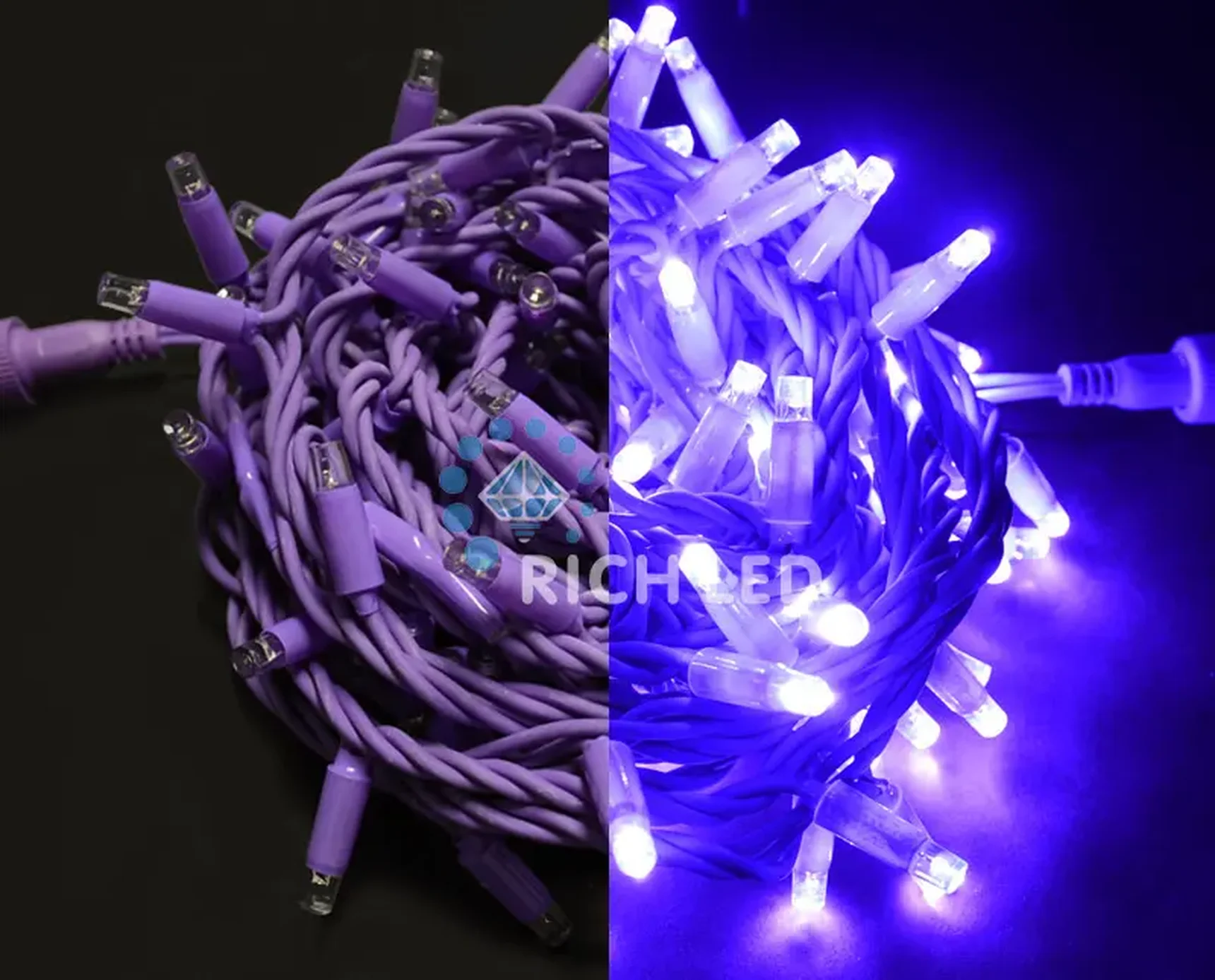 Светодиодная гирлянда Rich LED 10 м, 100 LED, 24 В, соединяемая, фиолетовая, фиолетовый резиновый провод, RL-S10C-24V-RV/V