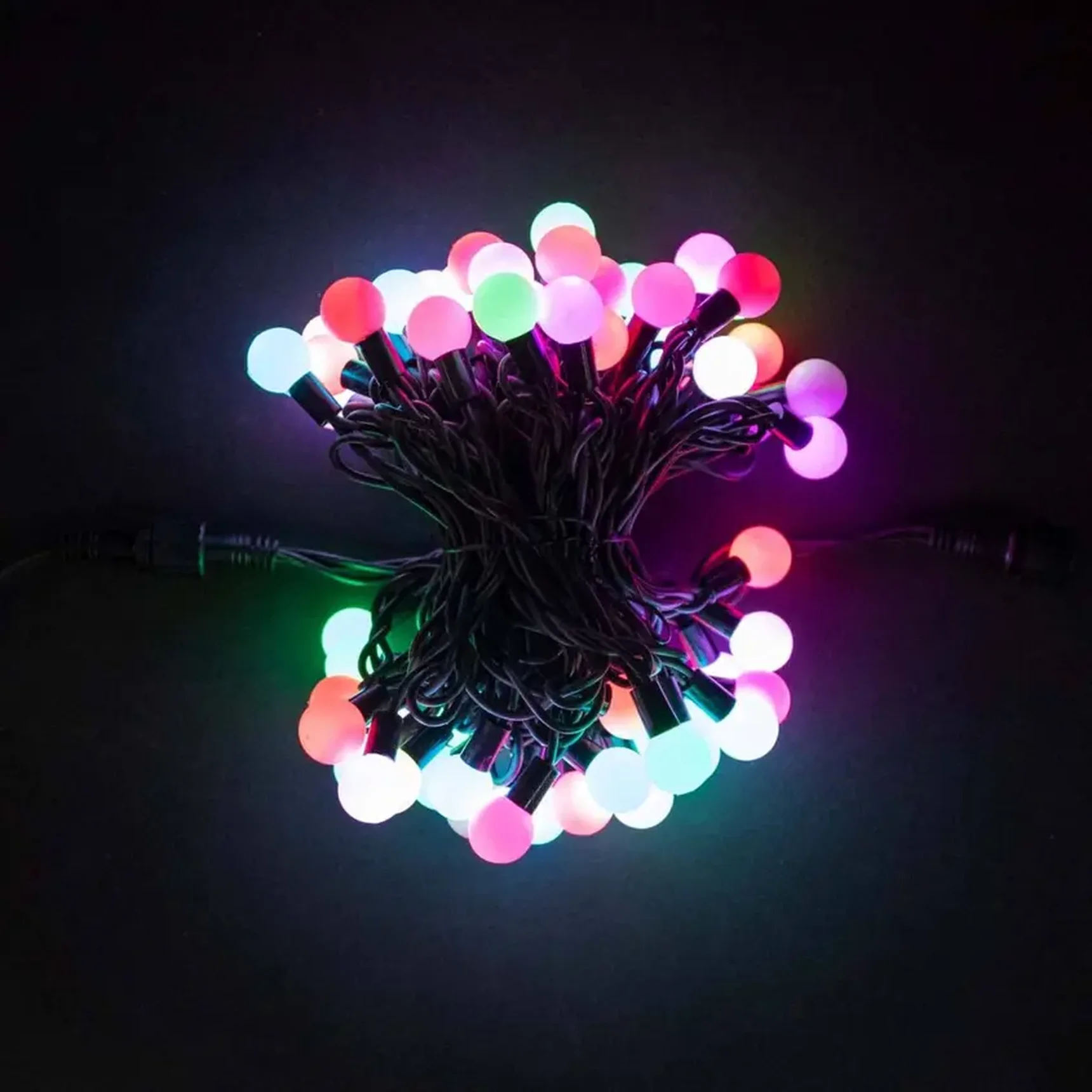 Гирлянда «Шарики» 10м Разноцветная с Мерцанием 7В, Диаметр Шарика 13мм, 100 LED, Провод Черный Каучук, IP54