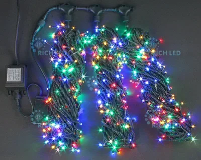 Светодиодная гирлянда Rich LED 3 Нити по 20 м, 600 LED, 24 В, мульти, мерцающая, зеленый провод, RL-S3*20F-G/M
