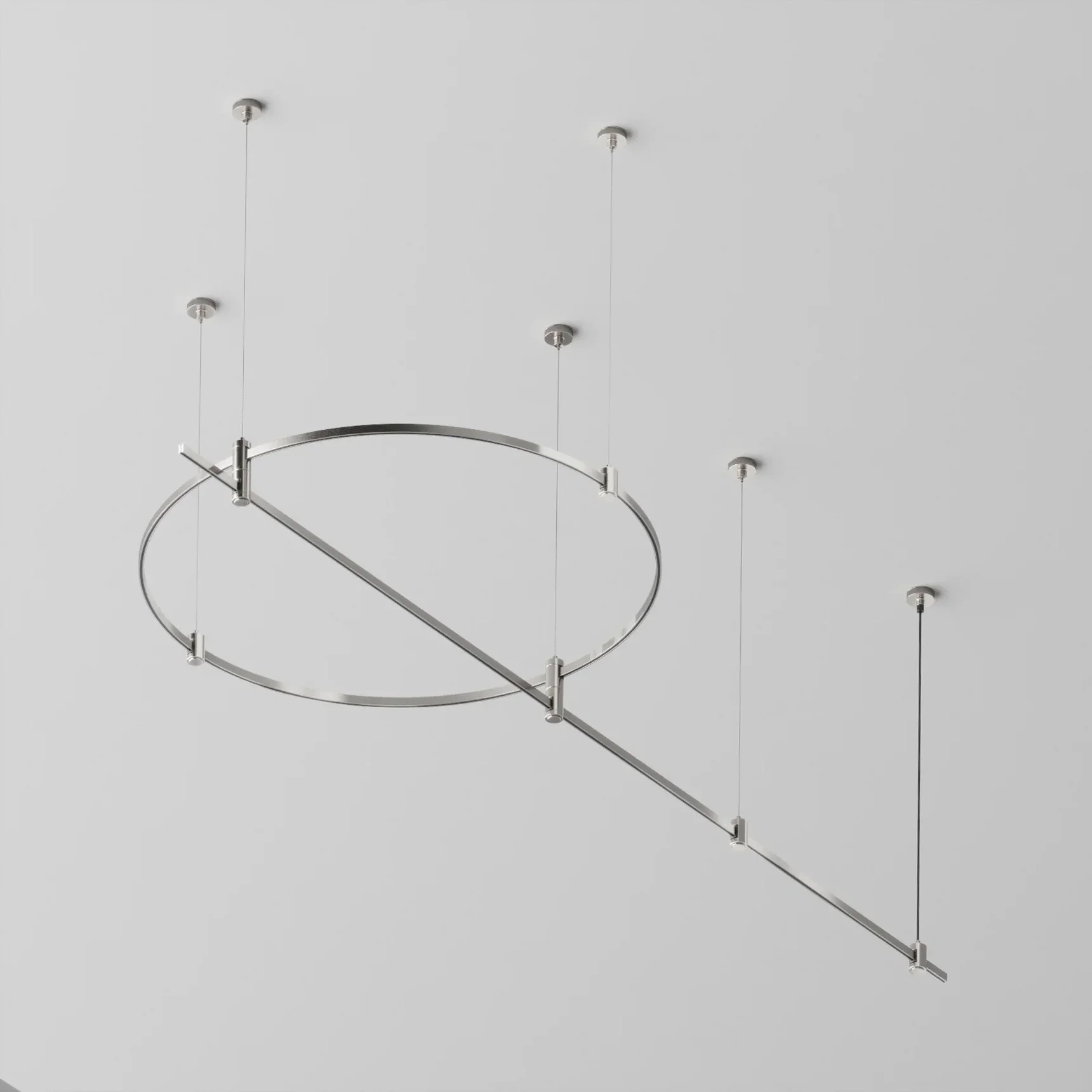 Готовая конструкция круглая + прямая двухуровневая на тросовых подвесах Hang без светильников и блока питания, платина, TFC-Flar-H05-PT