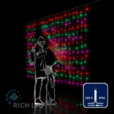 Светодиодная занавеса 300 LED, 16 Ватт, IP54, для улицы и помещения, провод Прозрачный, Свечение: постоянное, RL-CS2*1.5-T/M