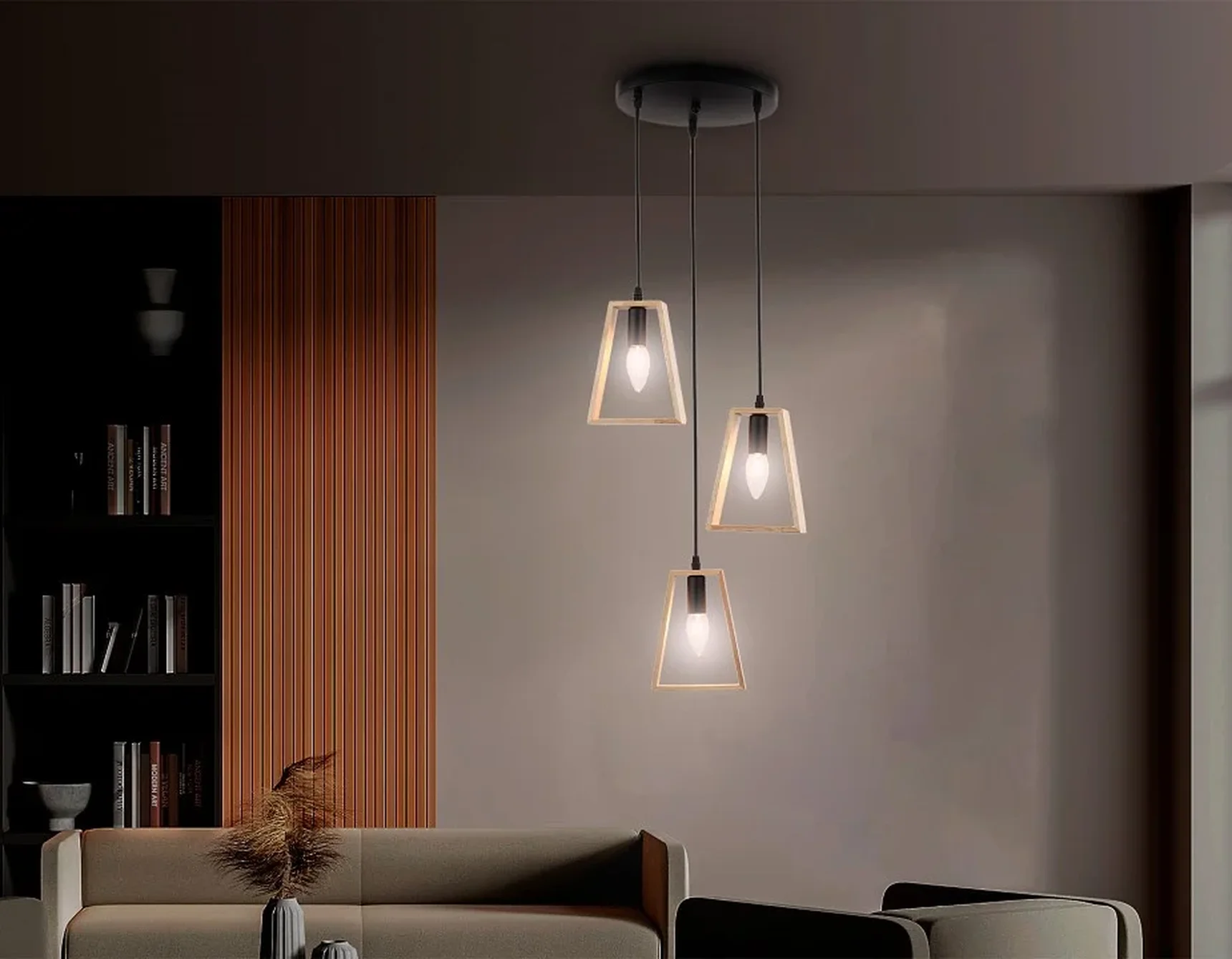 Подвесной светильник в стиле лофт TR80499/3 BK/LW черный/светлое дерево E14/3 max 60W D350*1000