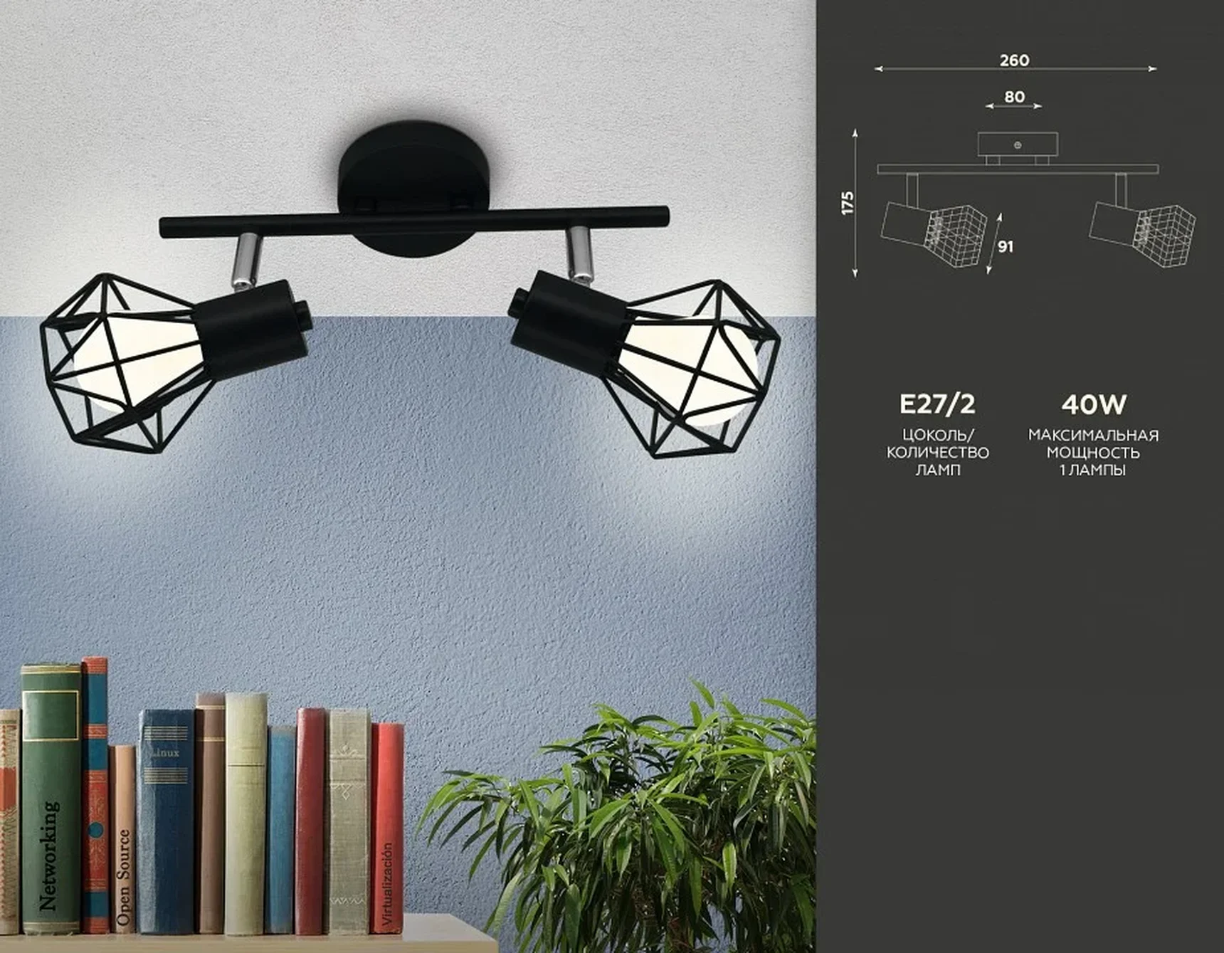 Настенно-потолочный спот в стиле лофт TR8621/2 BK/CH черный/хром E27*2 max 40W 260*91*175