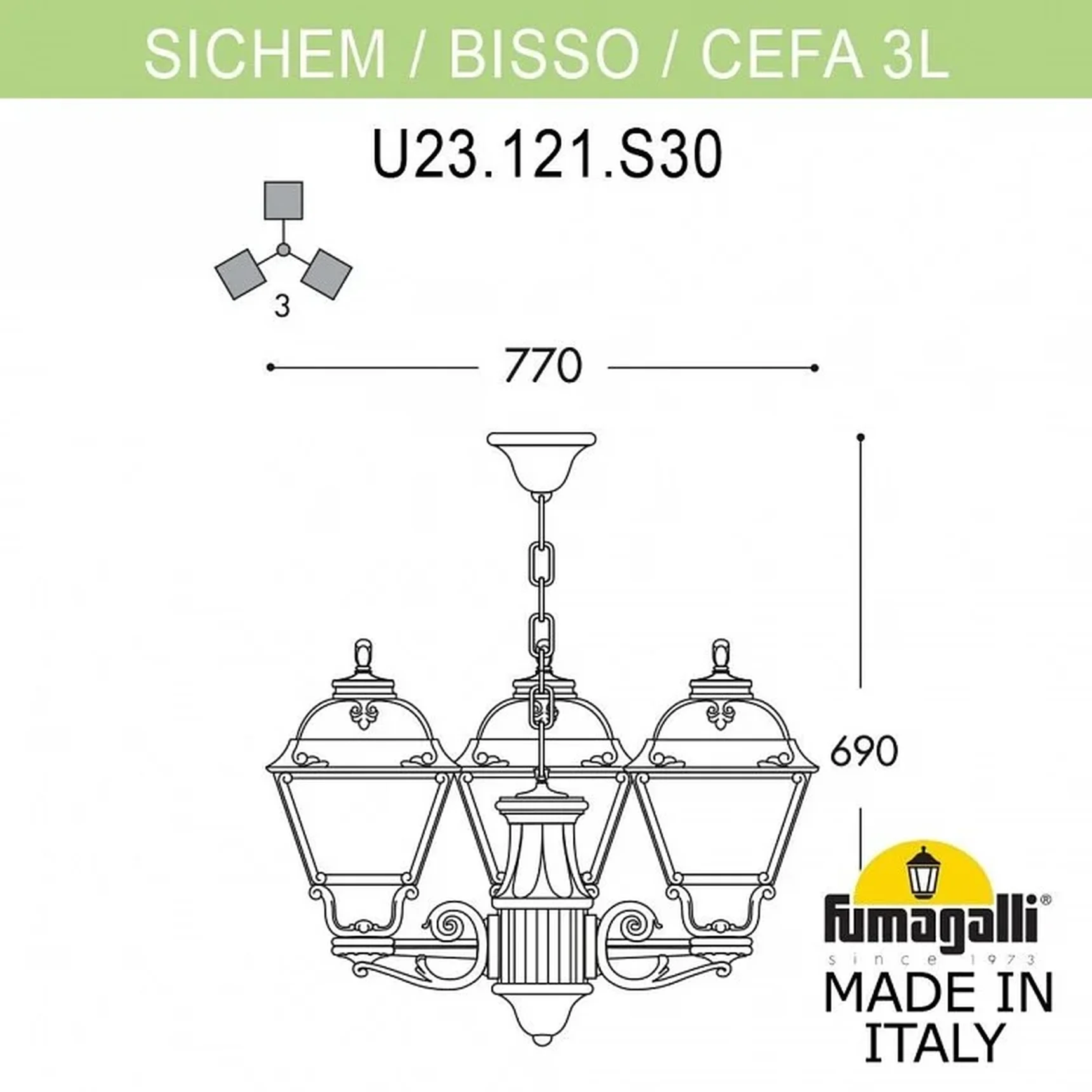 Подвесной уличный светильник (ЛЮСТРА) FUMAGALLI SICHEM/CEFA 3L U23.120.S30.BXE27