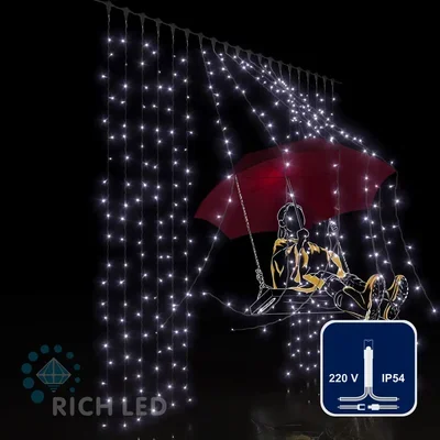 Светодиодная занавеса 400 LED, 104 Ватт, IP54, для улицы и помещения, провод Прозрачный, Свечение: постоянное, RL-C2*2-T/W