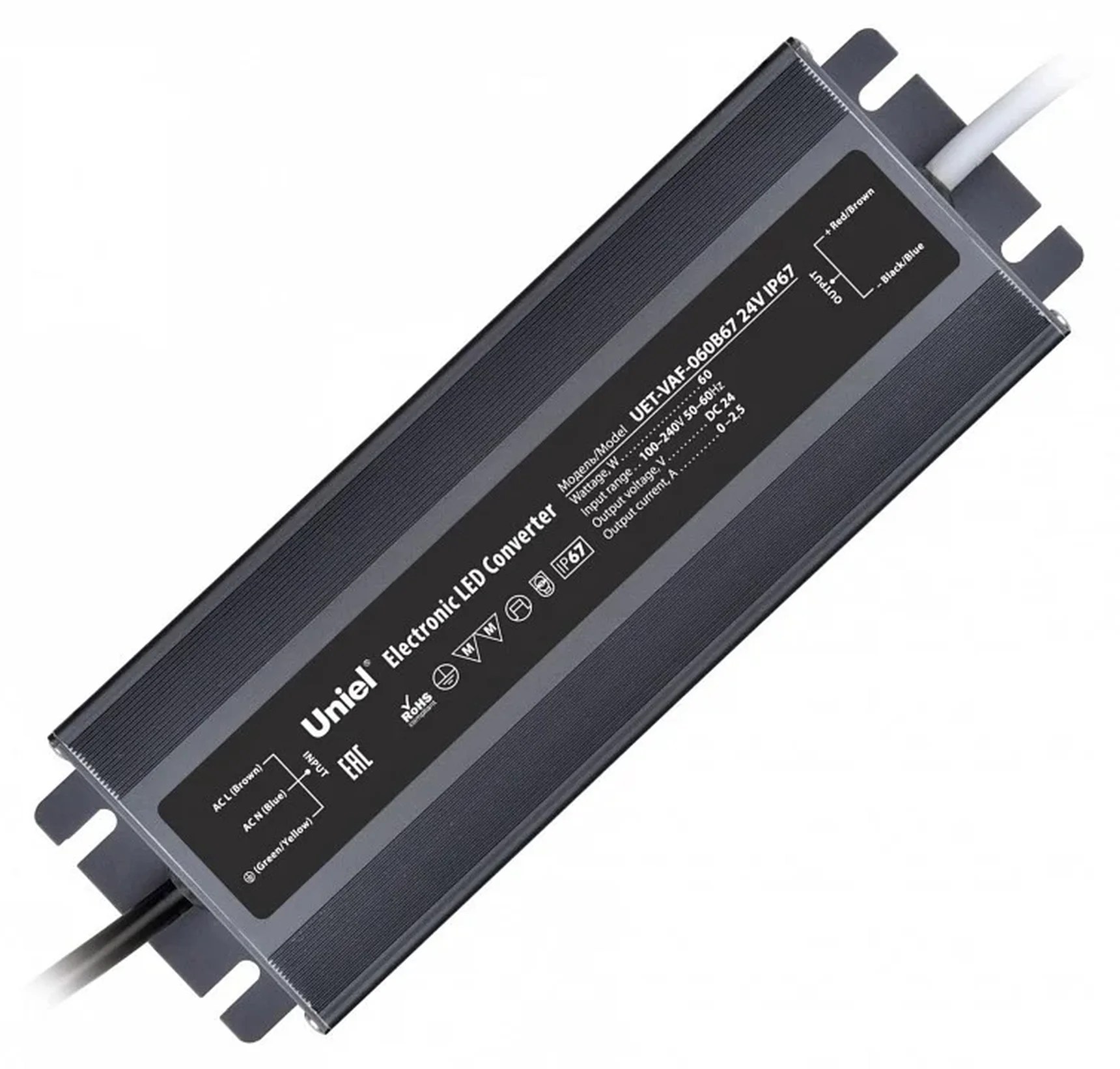 UET-VAF-060B67 24V IP67 Блок питания ультратонкий, 60Вт. Металлический корпус. TM Uniel