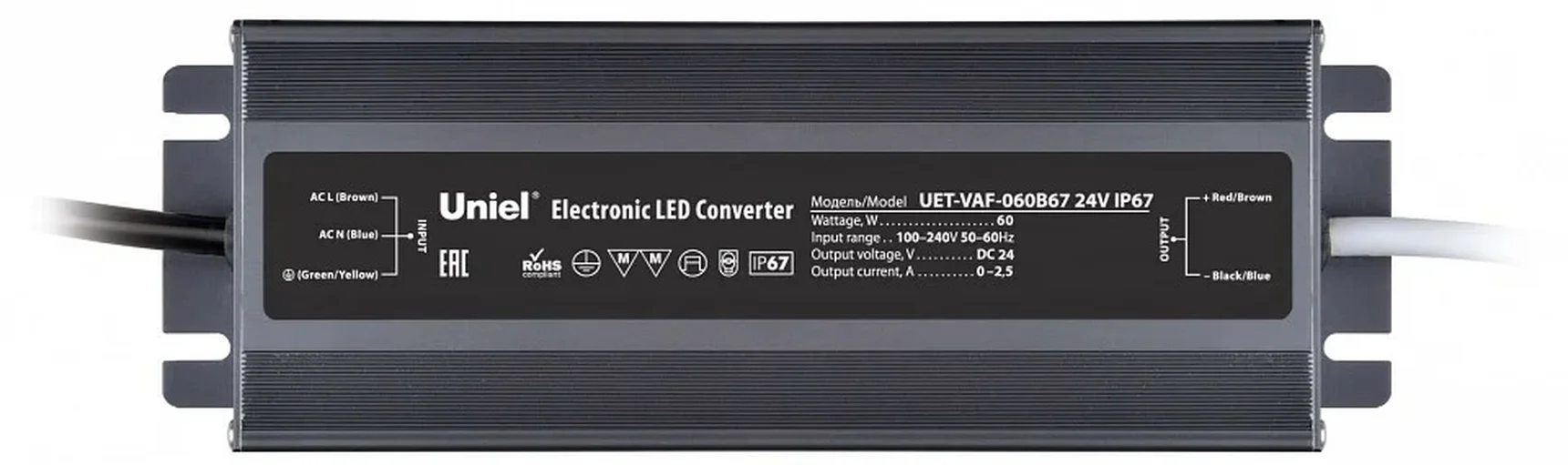 UET-VAF-060B67 24V IP67 Блок питания ультратонкий, 60Вт. Металлический корпус. TM Uniel