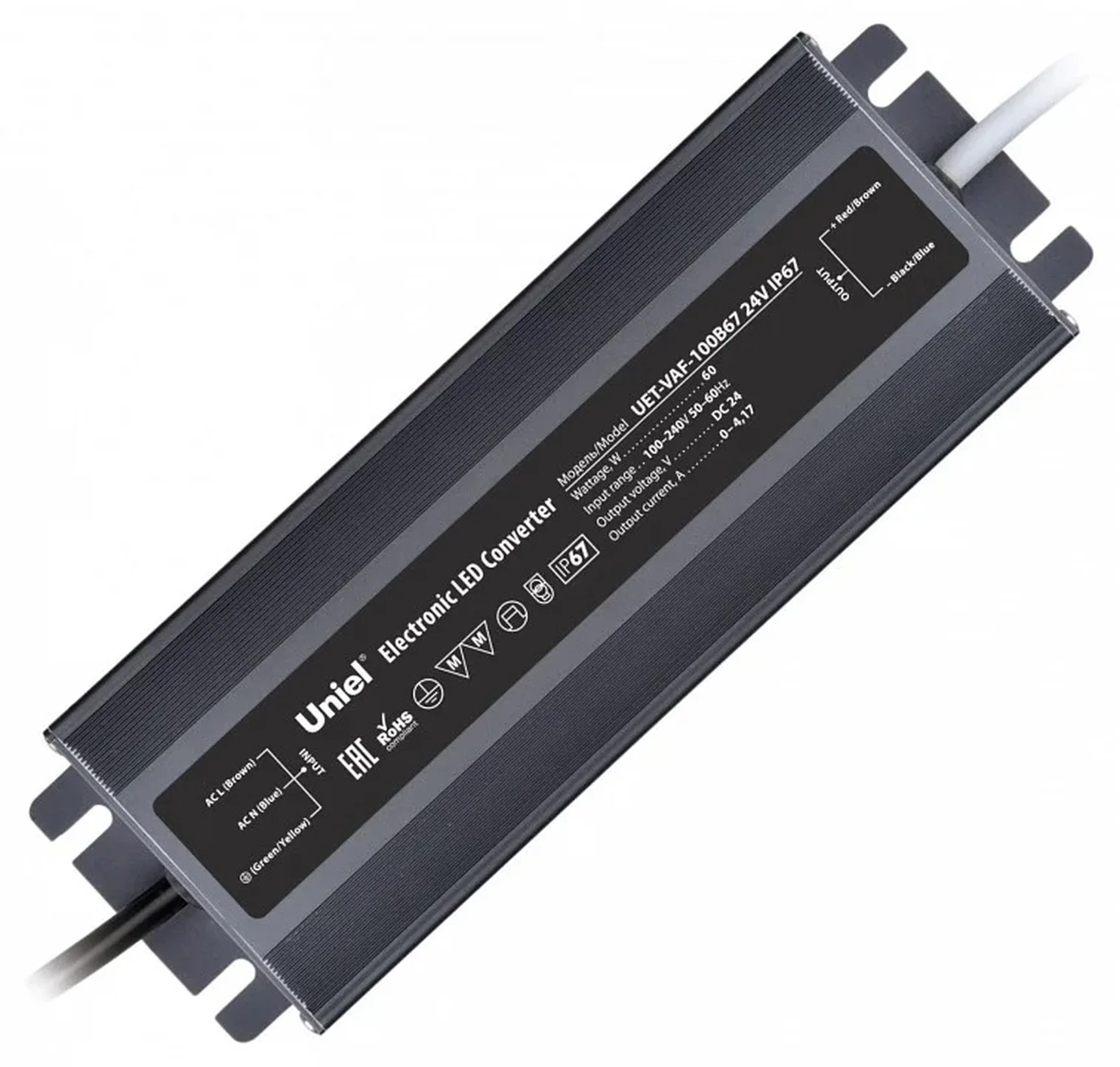 UET-VAF-100B67 24V IP67 Блок питания ультратонкий, 100Вт. Металлический корпус. TM Uniel